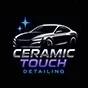 Ceramic Touch Detailing logo featuring a sleek silver car illustration with sparkling blue stars above it, and the company name in metallic silver, purple, and blue gradient text below on a black background.