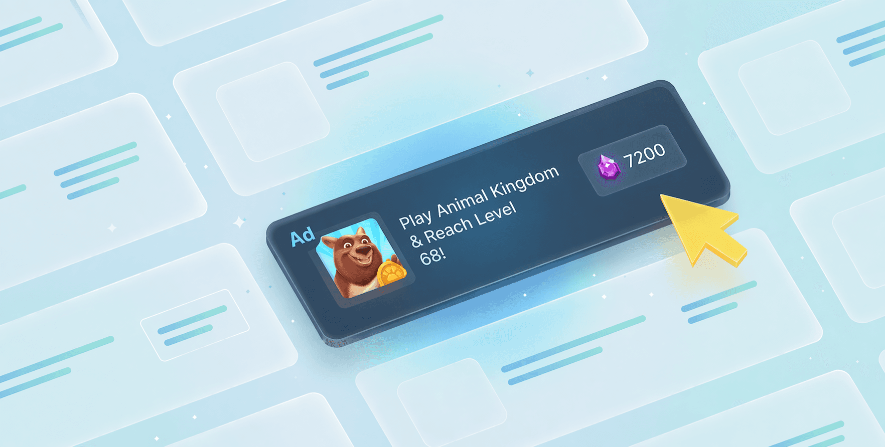 Isometric blue banner for a mobile game ad featuring a cartoon bear and the text "Play Animal Kingdom & Reach Level 68!"
