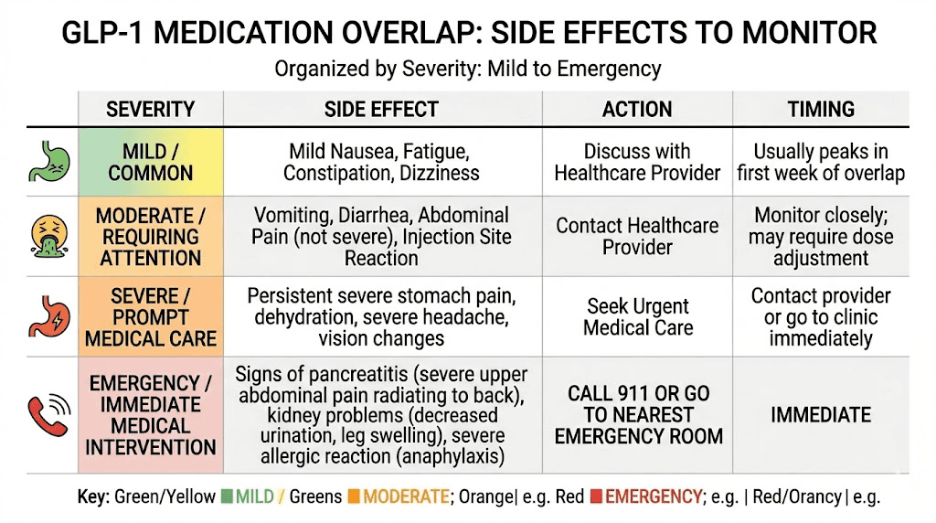 Side effect severity chart for overlapping semaglutide and tirzepatide doses