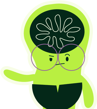 Stylized character with glasses and a determined look, featuring a green head and an abstract design.