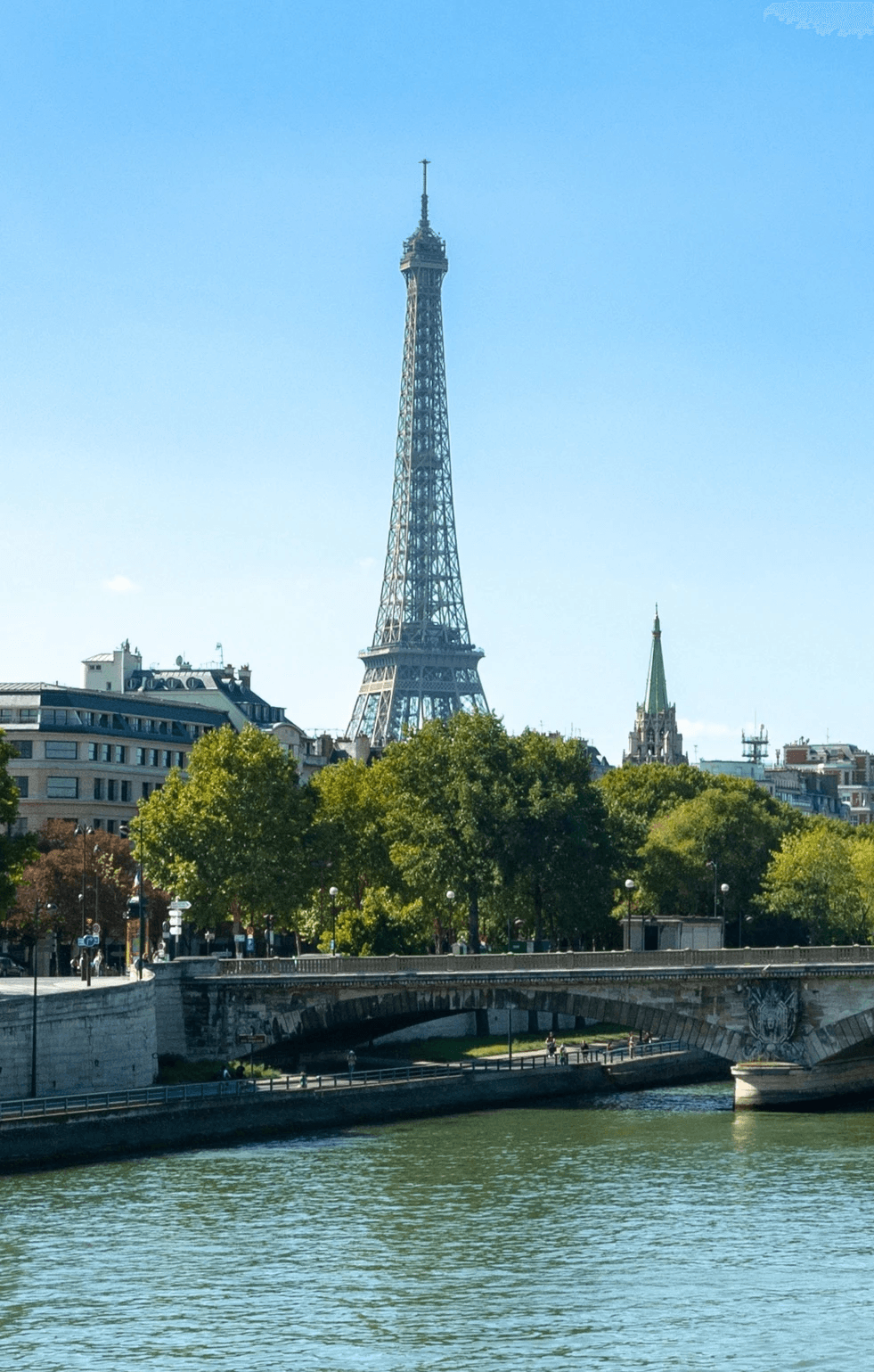 View of the Eiffel Tower and Paris skyline from the Seine