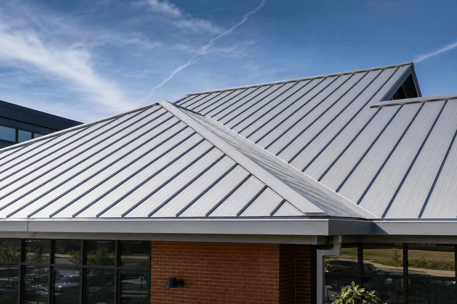 Standing seam metal roof panels on a commercial building