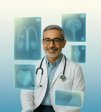 Smiling doctor with AI-powered medical scans highlighting Nura’s intelligent health screening technology.