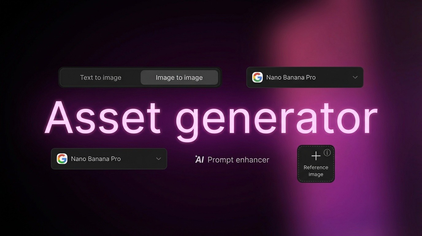 Asset generator feature update blog cover with elements of the feature interface.