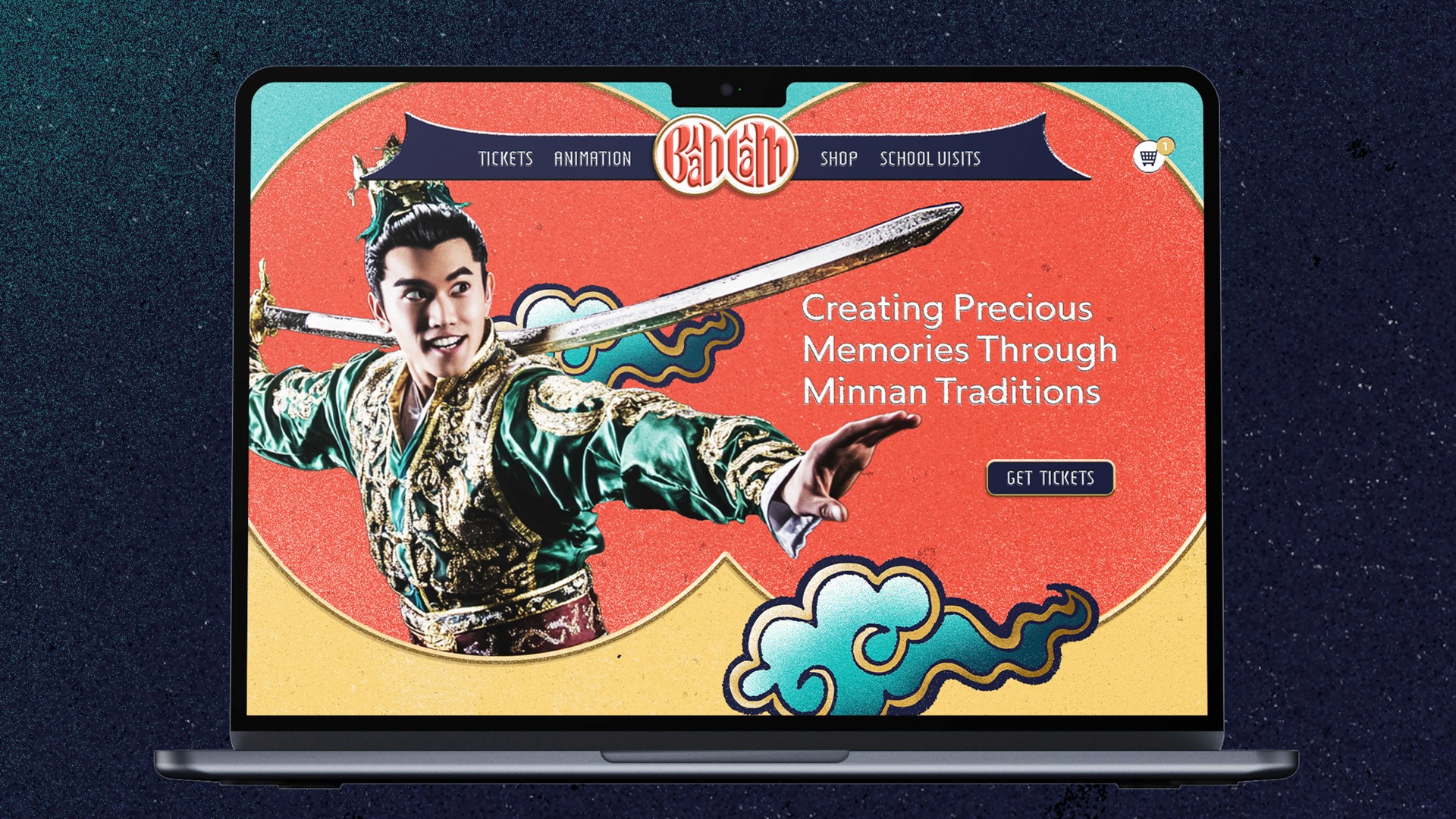 A laptop screen displays a website for Banan, a Chinese cultural heritage brand. The website features a vibrant orange background with a central image of a man in traditional Chinese clothing holding a sword. The text “Creating Precious Memories Through Minnan Traditions” appears prominently below the image, alongside a button labeled “GET TICKETS.” The website’s header includes navigation links for “TICKETS,” “ANIMATION,” “SHOP,” and “SCHOOL VISITS.” The laptop is positioned against a dark blue speckled background.