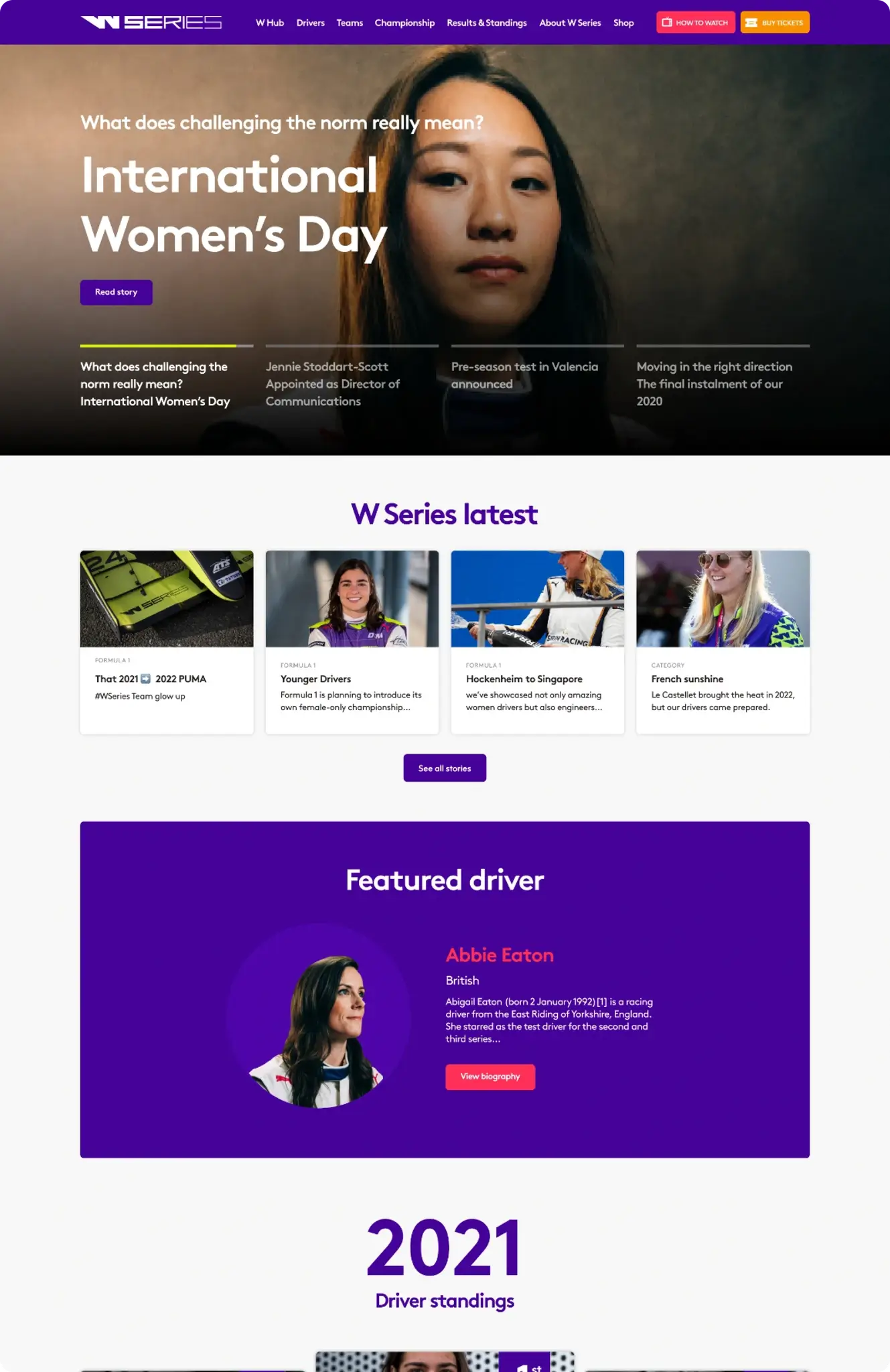 W Series Homepage design - showing hero to featured driver