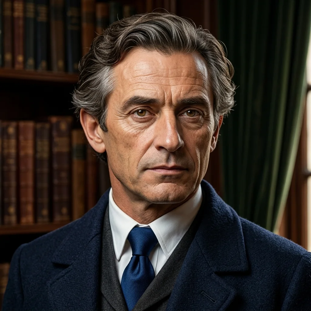 Portrait of a middle-aged man in a dark suit and tie, with gray hair, standing in front of a bookshelf in a study.