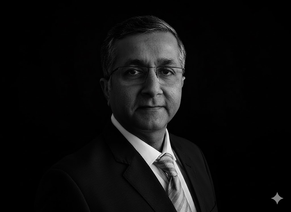 Portrait of a man with short dark hair and a trimmed beard, dressed in a dark shirt, on a simple background.