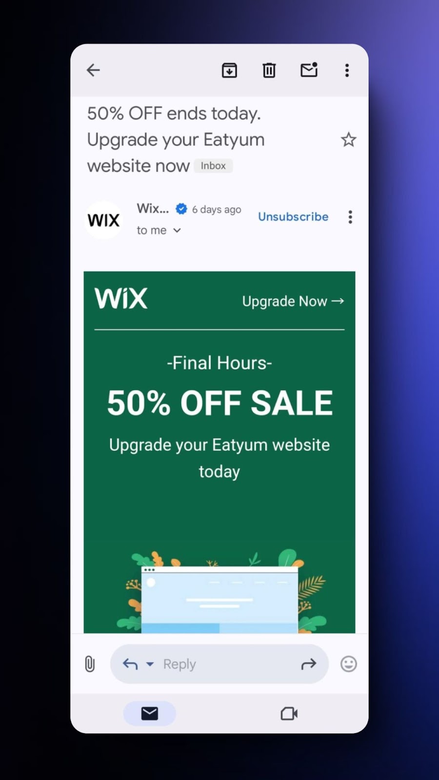 screenshot of Wix email promotion offering 50% off sale for EatYum website upgrade, with green branding and final hours message highlighted.