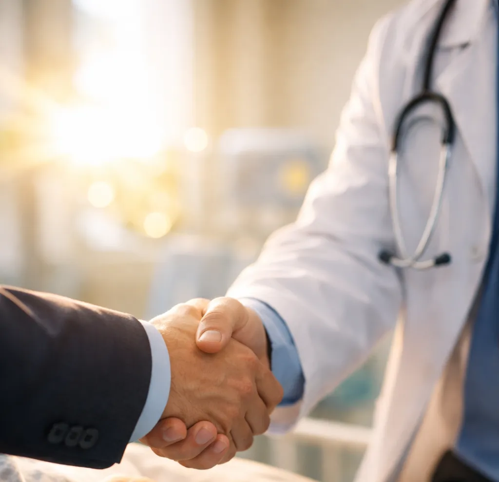 An ambassador shake hands with a medic