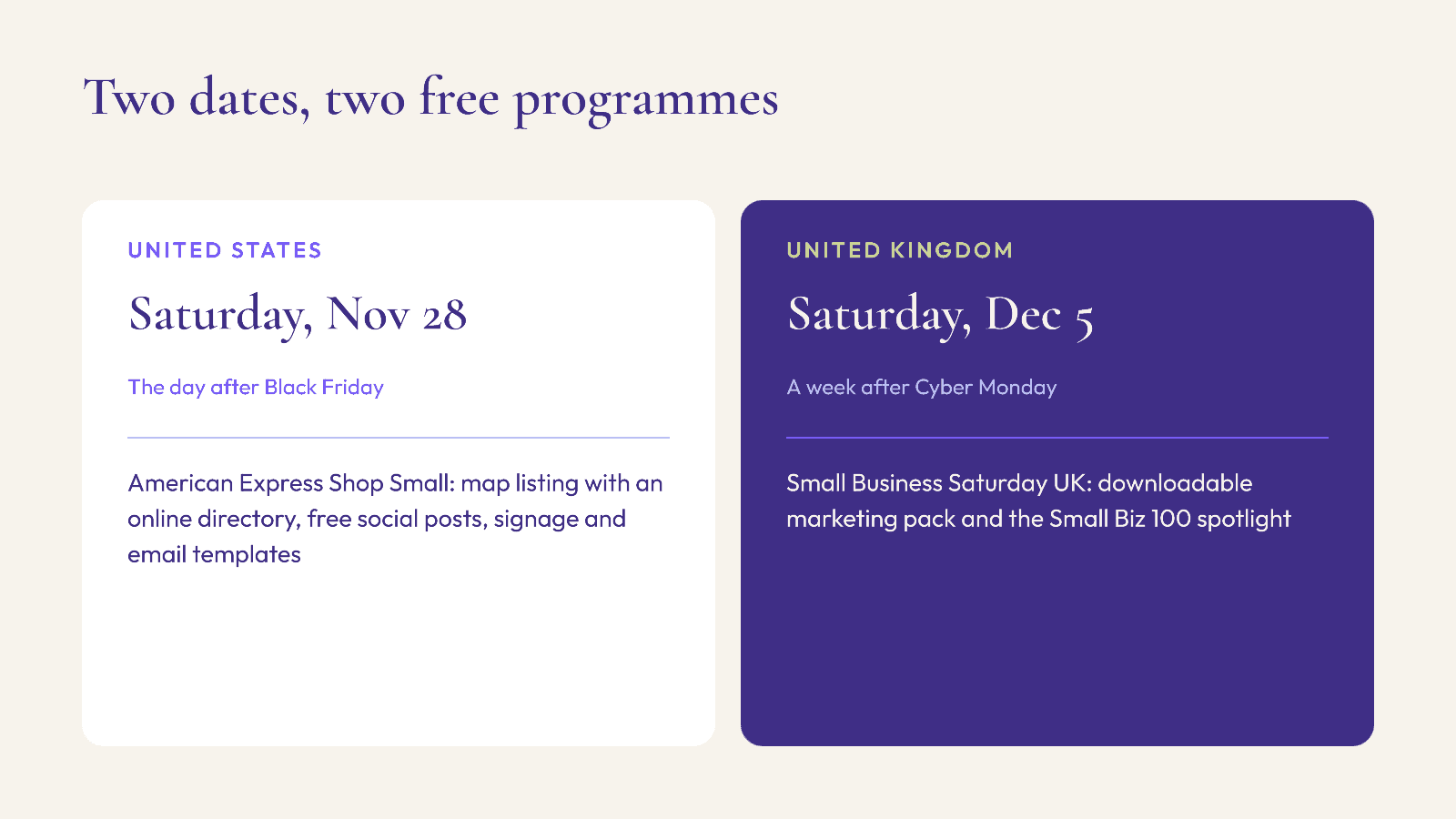 Small Business Saturday 2026 dates and free programmes in the US (November 28) and UK (December 5)