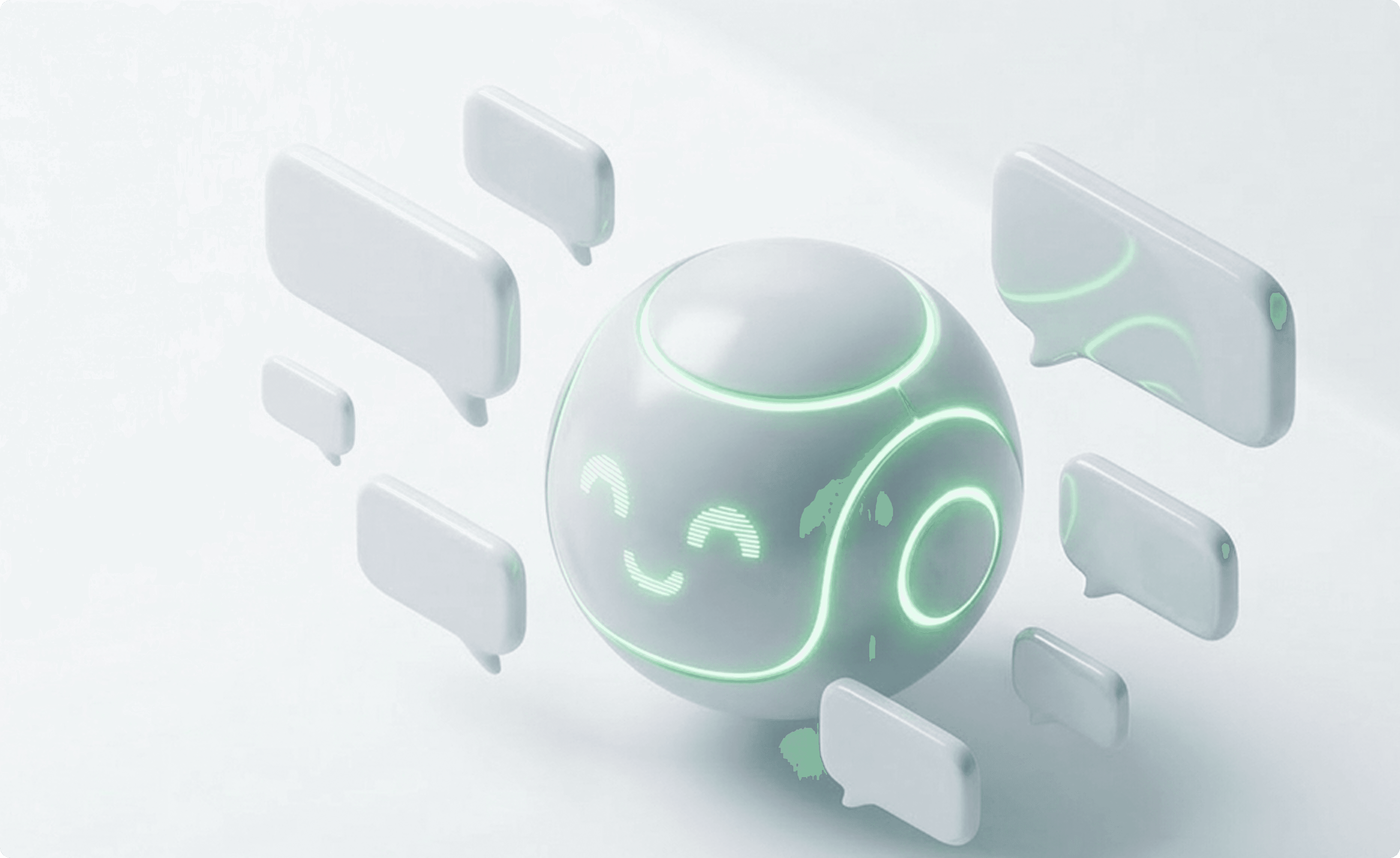 A white sphere with a smiling face and glowing green lines, surrounded by white speech bubbles.