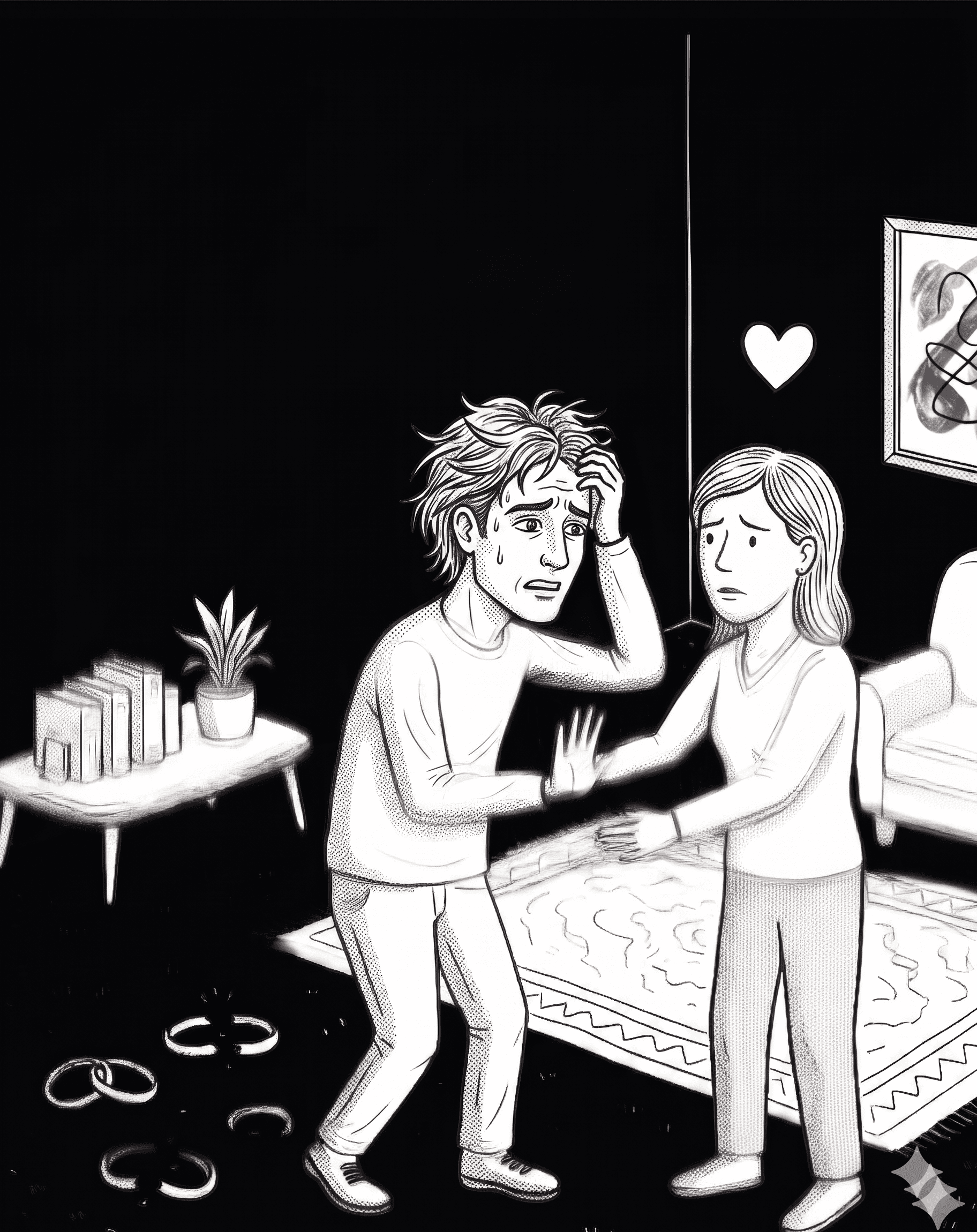 Imagem de uma ilustração em preto e branco demonstrando uma pessoa que não consegue ficar em bons relacionamentos