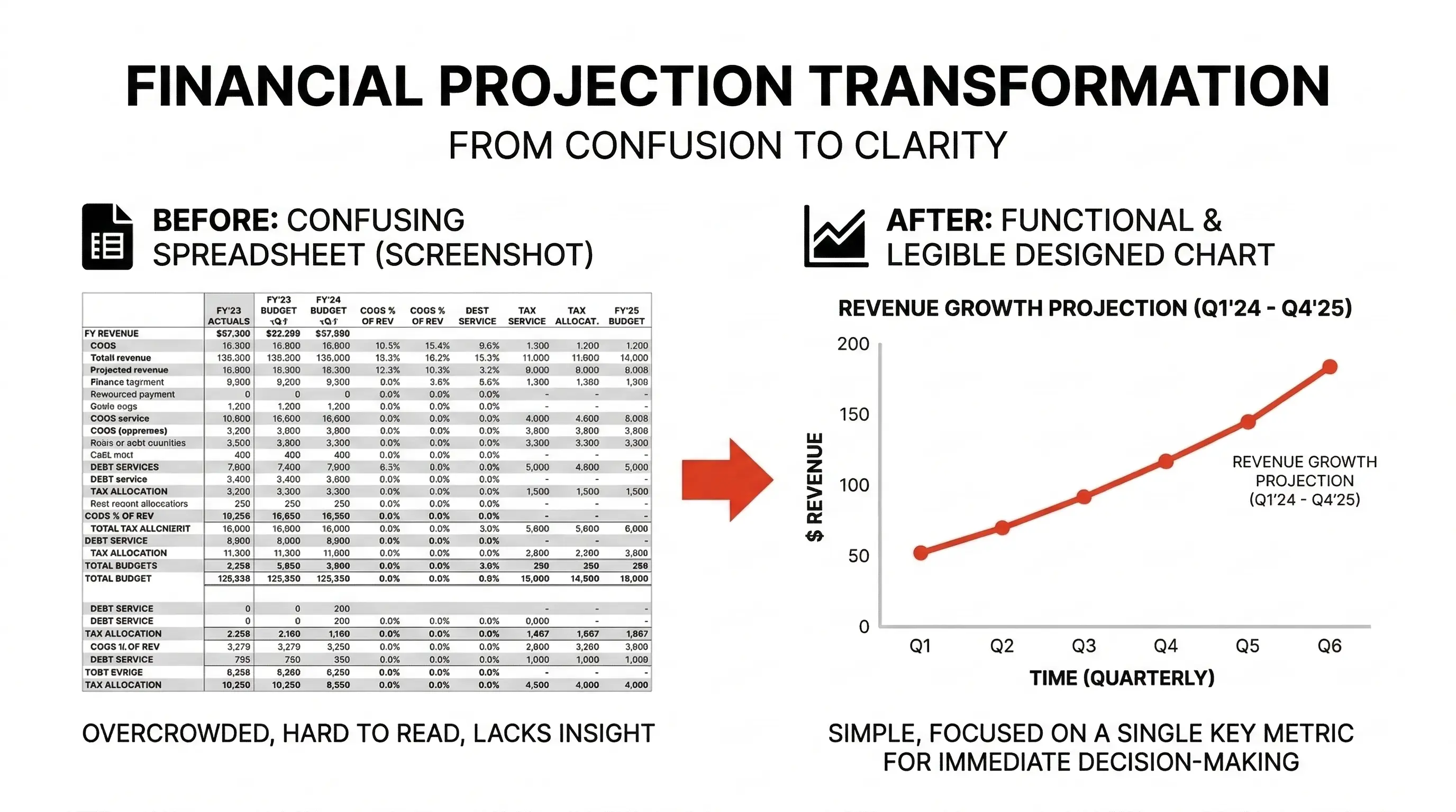 A before-and-after shot of a financial projection slide, transitioning from a confusing spreadsheet screenshot to a clean, professionally designed chart.