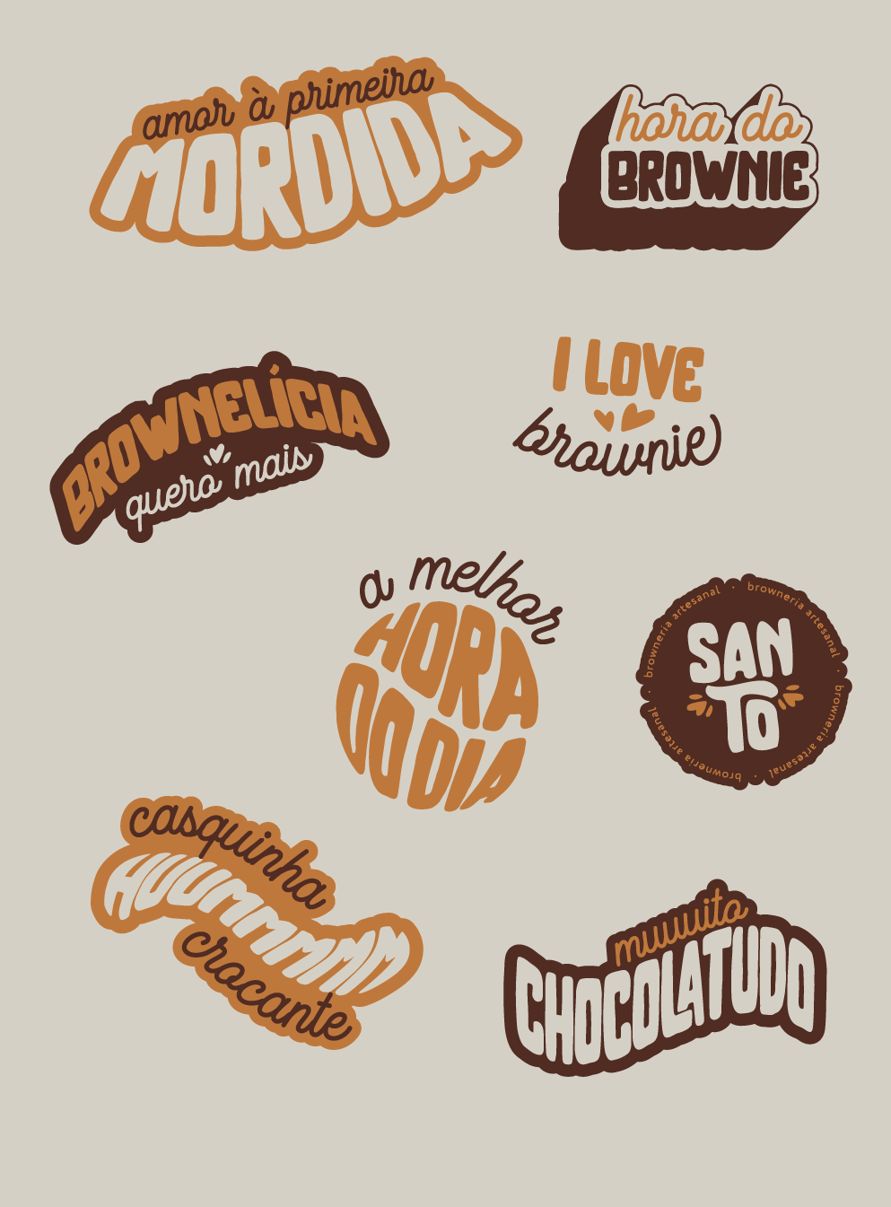 Sheet of hand-lettered brand stickers for Santo Brownie, including phrases like "amor à primeira mordida," "hora do brownie," "brownelícia, quero mais," "I love brownie," "a melhor hora do dia," and "muuuito chocolatudo," alongside the circular Santo logo.