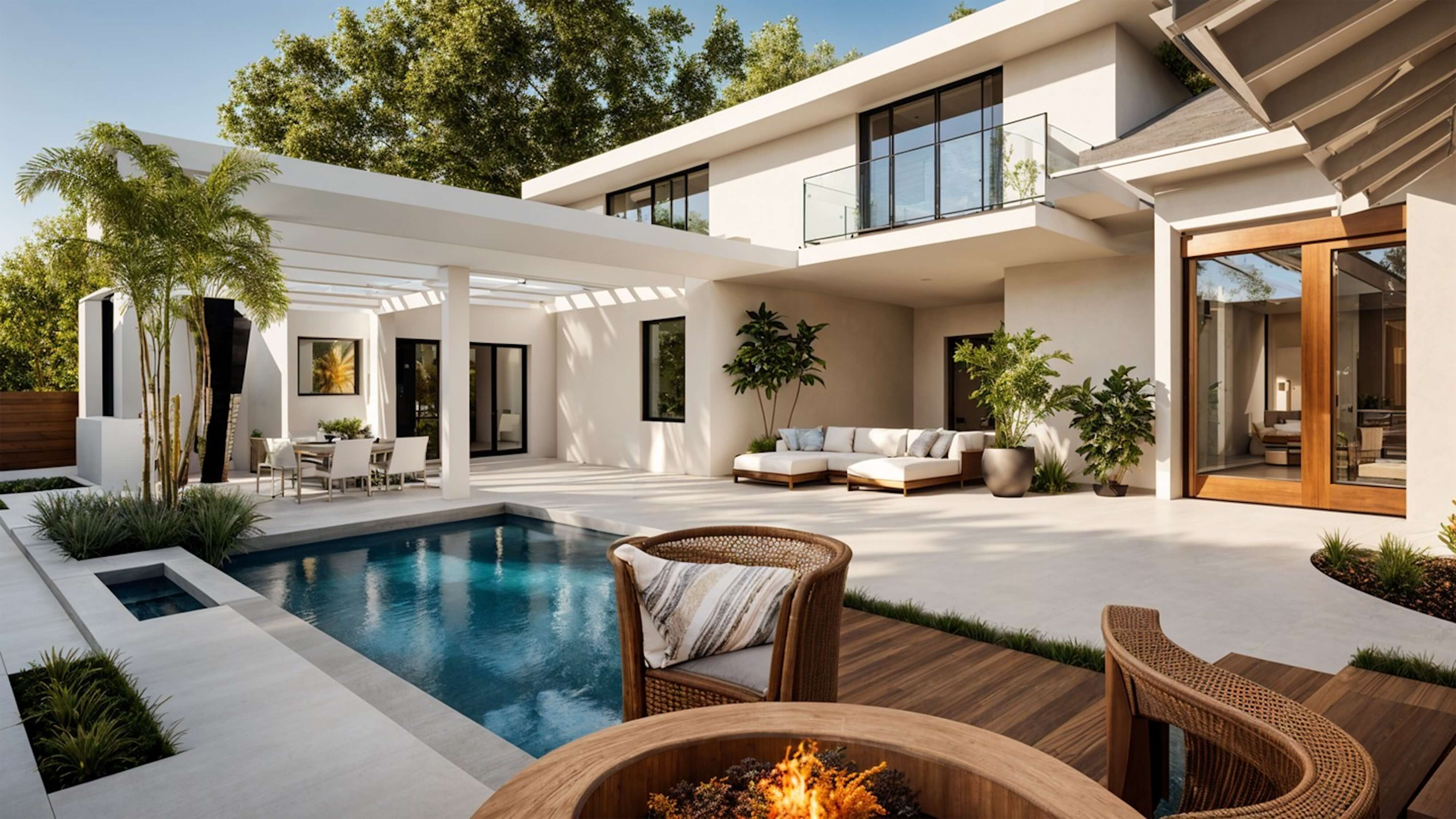Modern luxury courtyard with private pool, outdoor lounge seating, and clean architectural lines.
