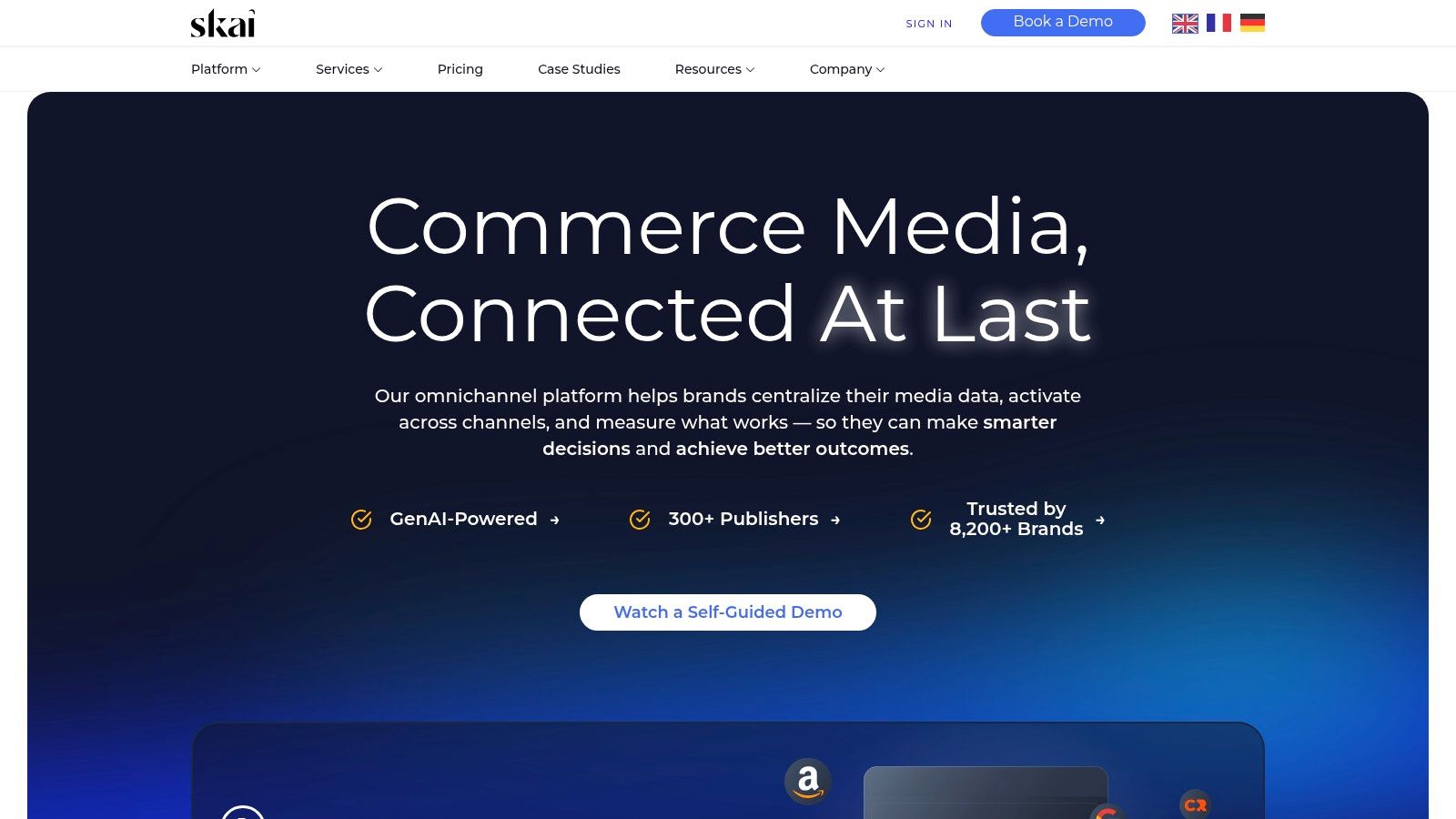 Skai's dashboard for commerce media, showing cross-channel performance and insights.