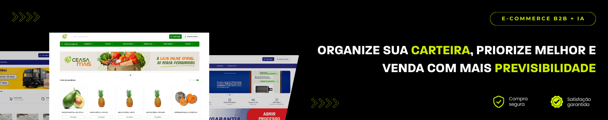 Banner horizontal com fundo escuro, ícones de segurança e satisfação, e imagens de lojas B2B exibidas à esquerda. Elementos gráficos em verde destacam o tema de e-commerce B2B com IA.