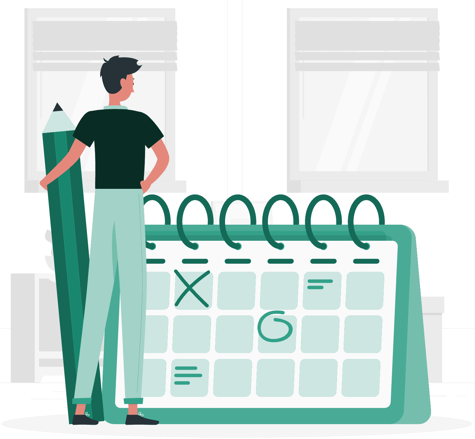 Illustration of a person standing beside a calendar, symbolizing scheduling a call or booking a consultation with CaseWhen Consulting for Power BI services.