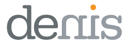 Logo van "denis", in grijs met een oranje punt boven de 'i'.