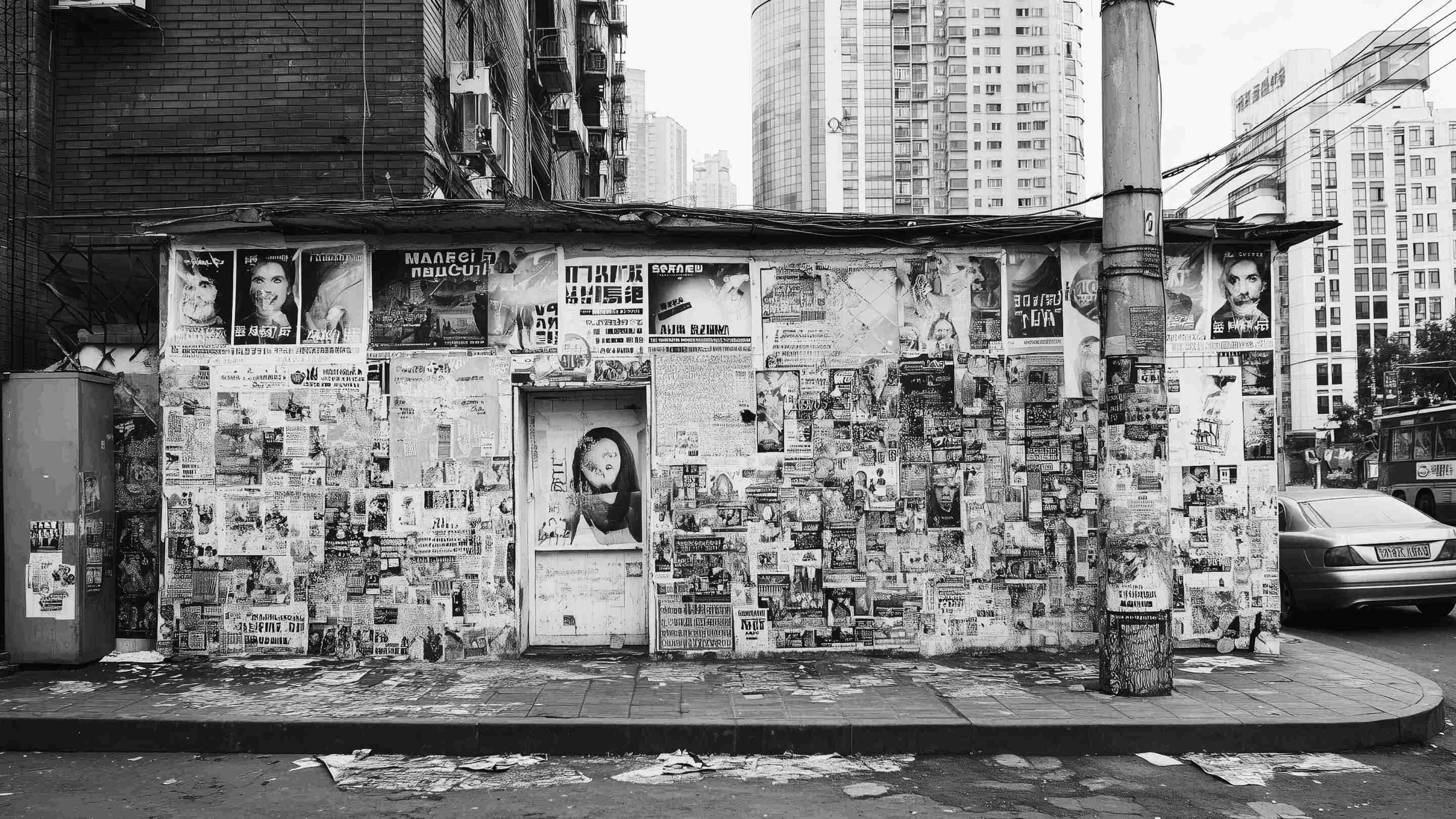 Front view on outdoor wall with many small advertisements