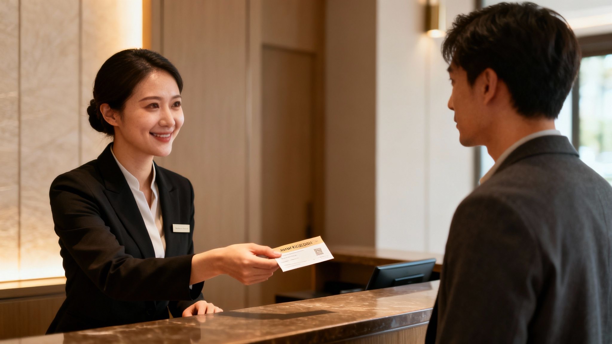 Smiling hotel receptionist hands a key card to a guest at the reception desk.