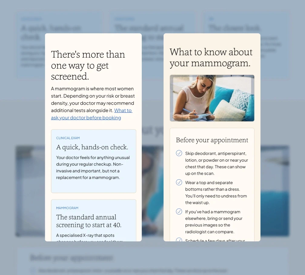 Two mobile UI screens showing a card column for screening types and a checklist titled 'Before your appointment' with clear, actionable steps.