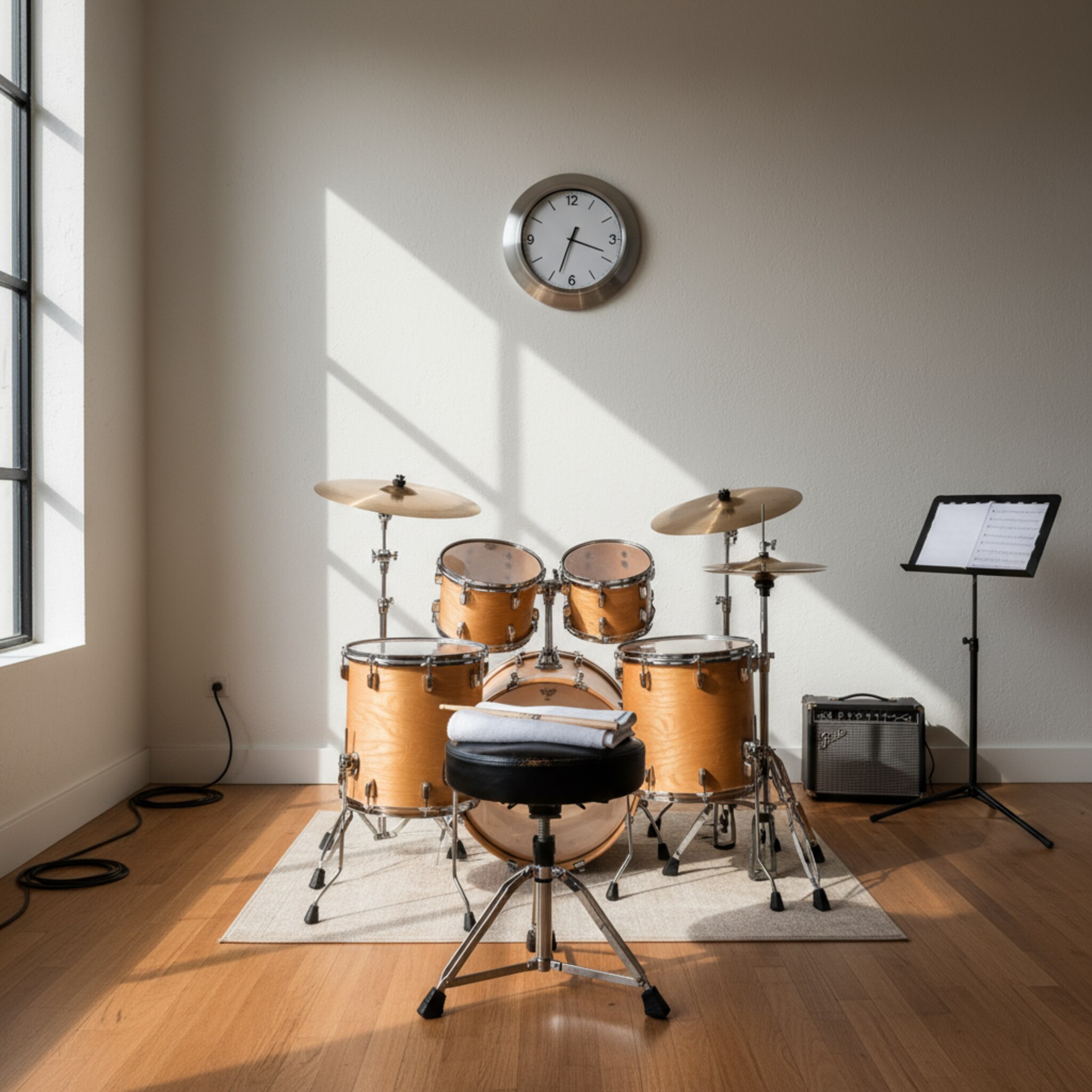 Ein leer geräumter Proberaum kurz vor der nächsten Session. Ein frisches Tuch liegt gefaltet auf dem Hocker, Becken glänzen, die Uhr an der Wand zeigt wenige Minuten bis zur vollen Stunde. Sonnenlicht zeichnet Linien auf den Boden. Alles wirkt geordnet und startklar.