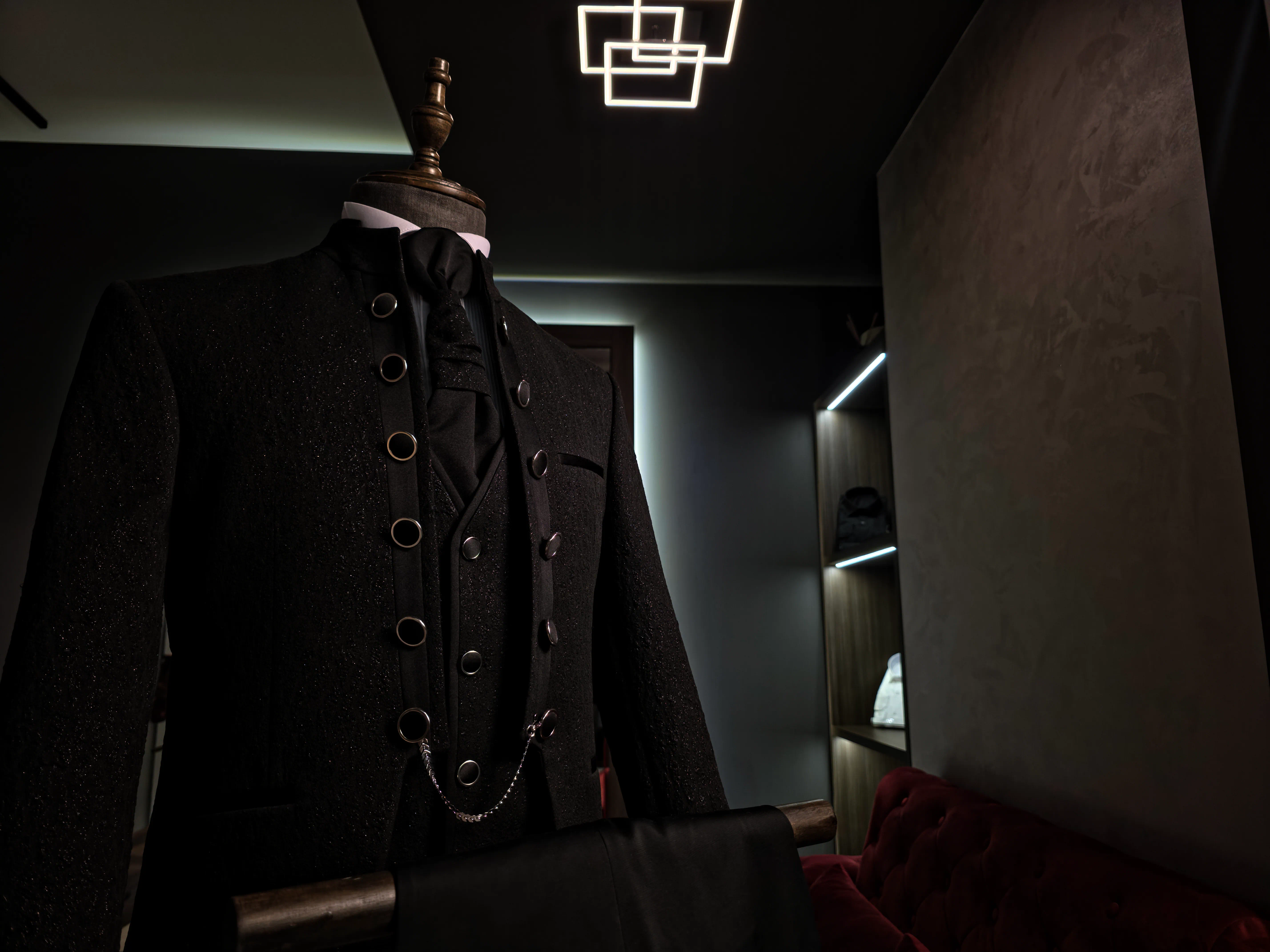 Black mandarin collar in Mr. Lincoln showroom