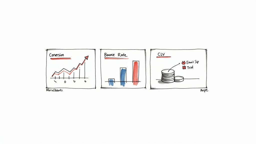 Three hand-drawn charts illustrating conversion, bounce rate, and customer lifetime value (CLV) metrics.