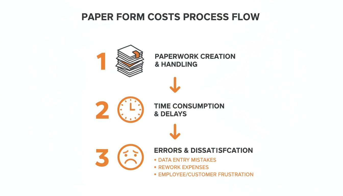 Infographic illustrating the costs of paper form processes, detailing paperwork, time consumption, and errors leading to dissatisfaction.