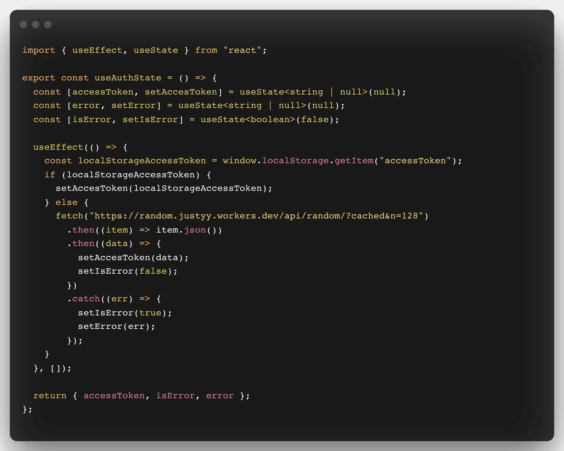 A code snippet with the React code for a custom hook.