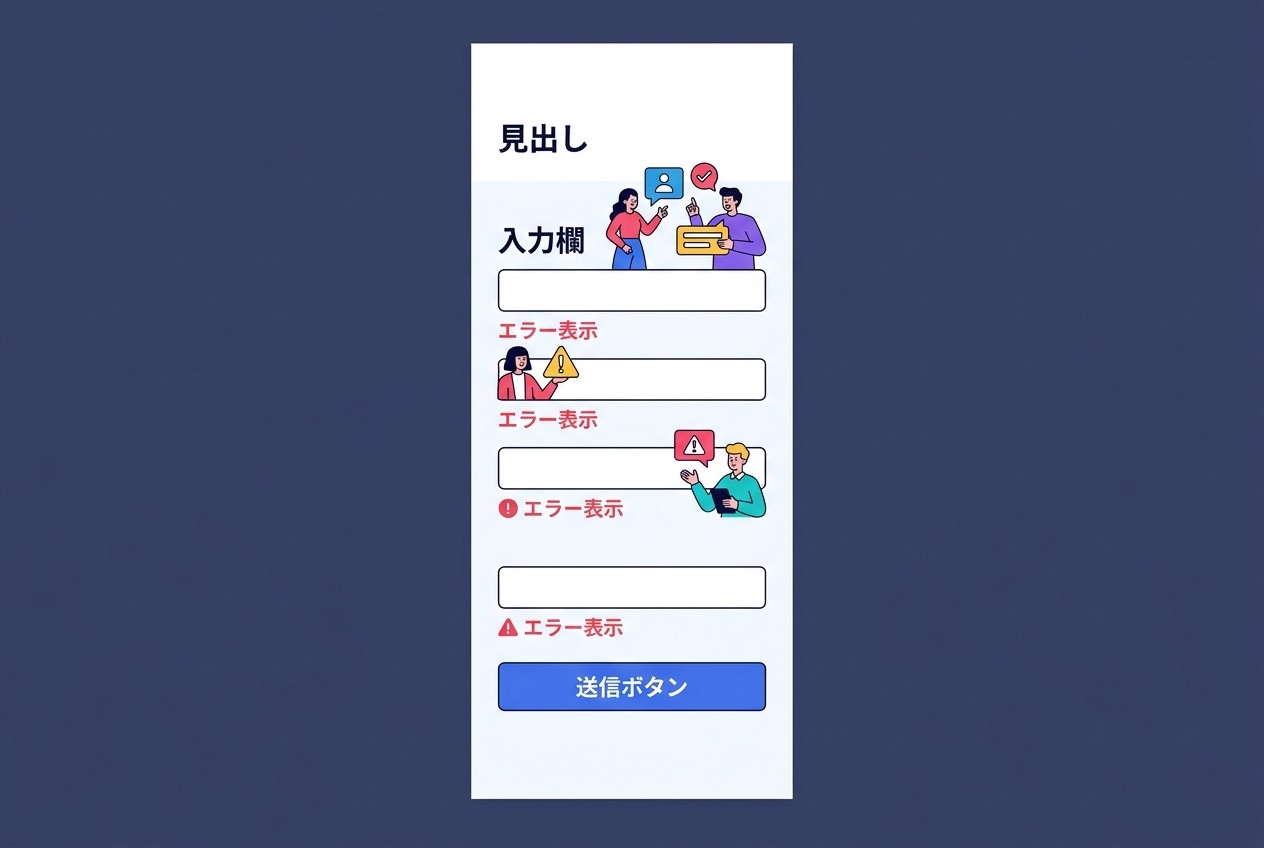 効果的なフォームレイアウトの基本構造。縦1列配置で視線移動を最小限に抑え、各要素間に十分な余白を確保する。エラー表示エリアを事前に設けることで、レイアウト崩れを防げる。