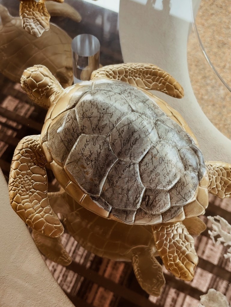 Close-up of a decorative turtle sculpture with intricate detailing and text etched on its shell, surrounded by a reflective surface.