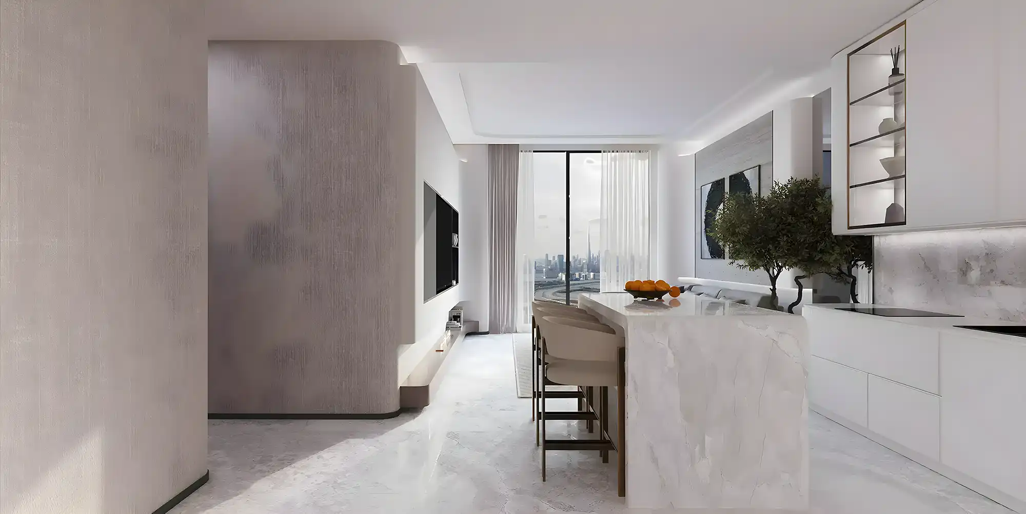 A modern kitchen featuring wooden floors and a spacious island, designed with a contemporary aesthetic.