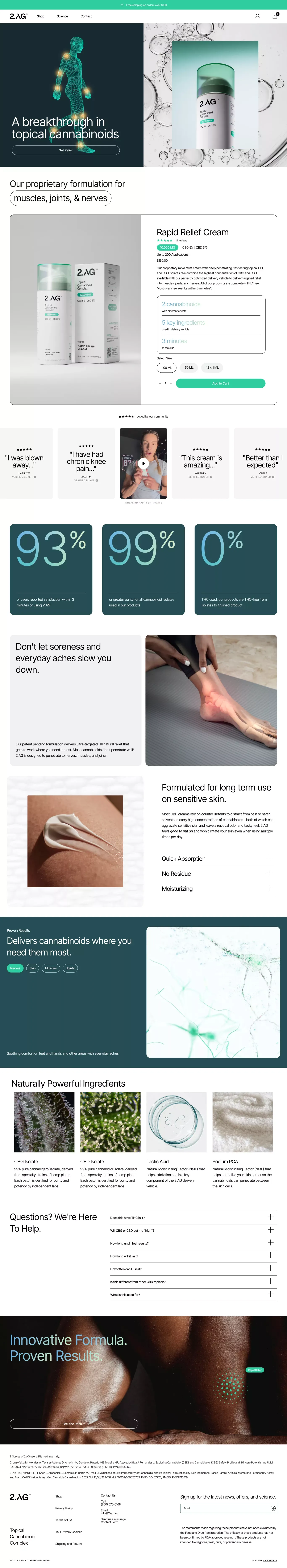 2.AG: The Science of Rapid Relief landing page screenshot showcasing Health & Fitness and Medical design