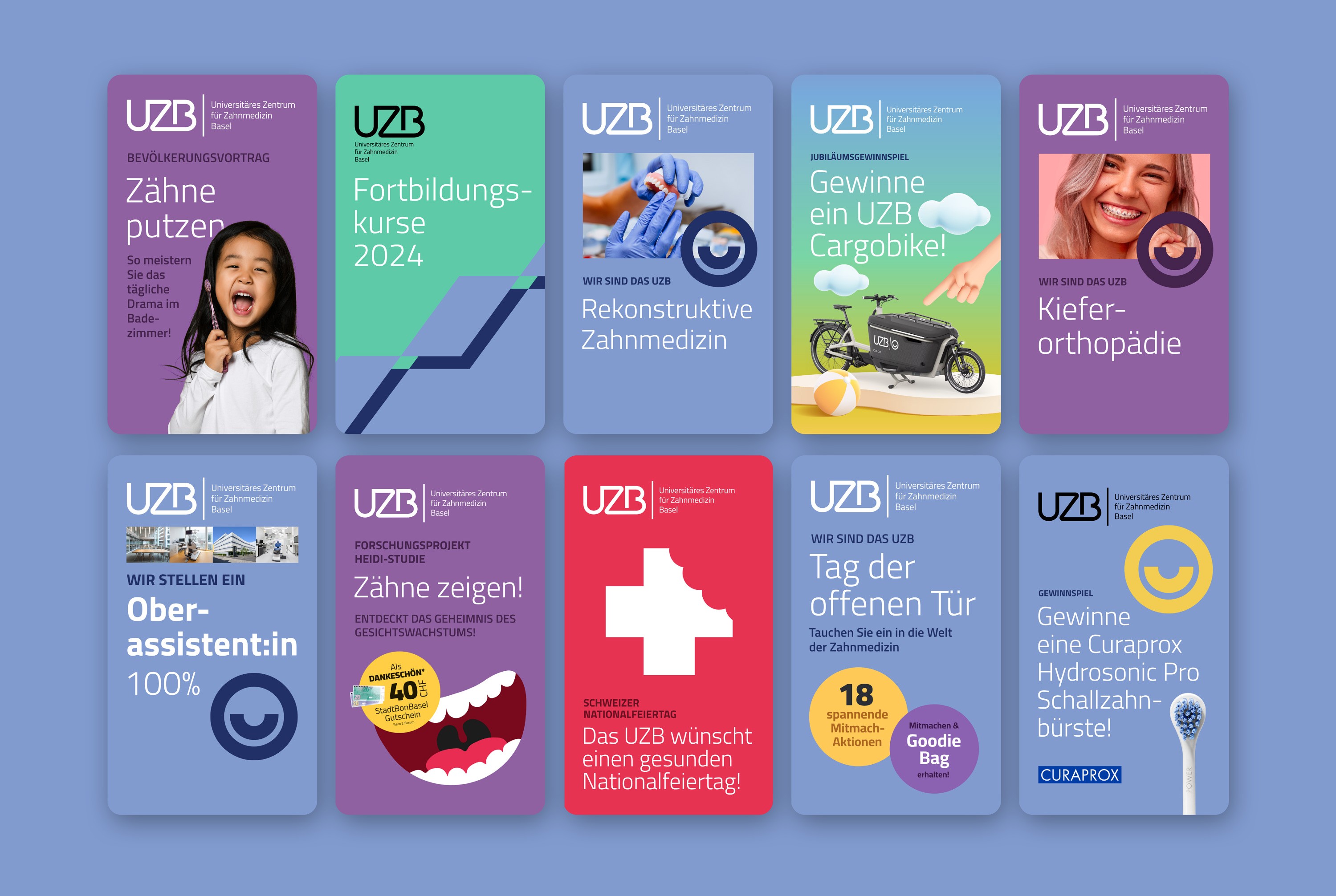 Design für die Social Media Kommunikation des UZB Basel – Weblayout und Design in der neuen visuellen Sprache.