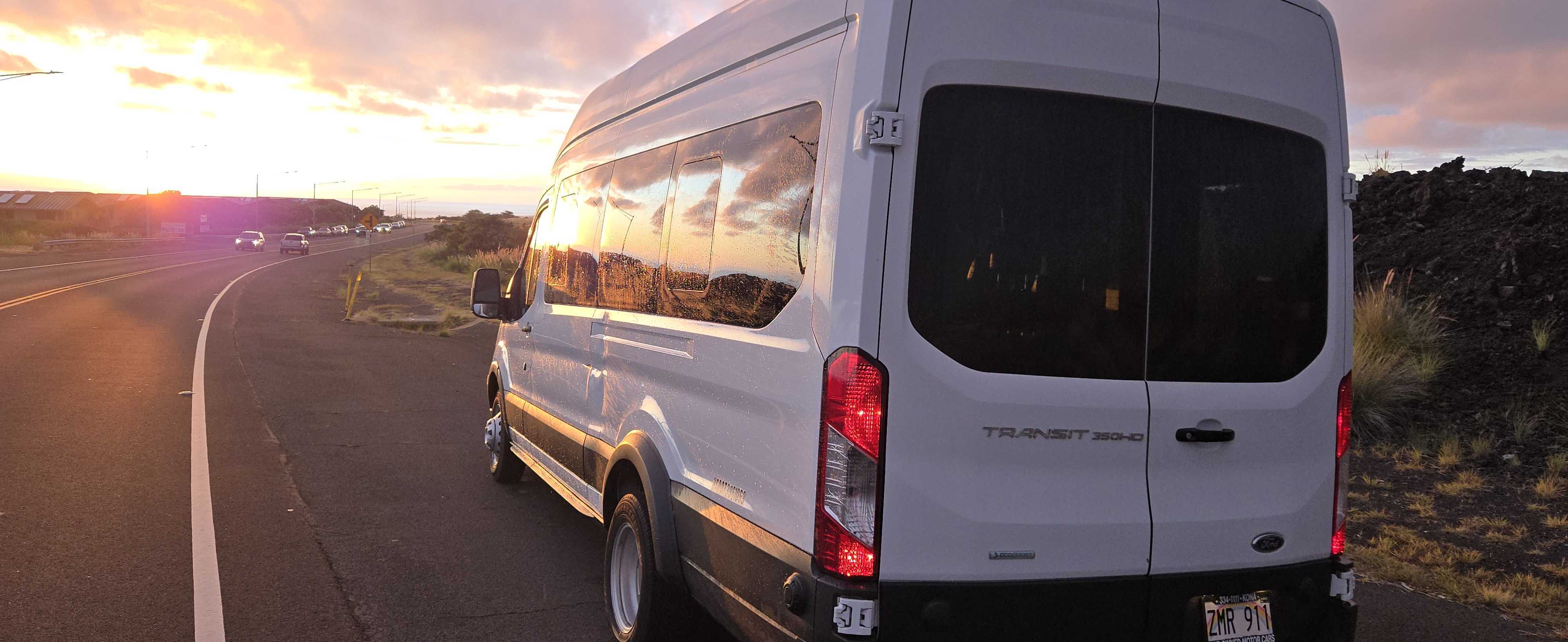 White Ford Transit XLT 15 Passenger Van Hawaii Big Island Sunset For Rent