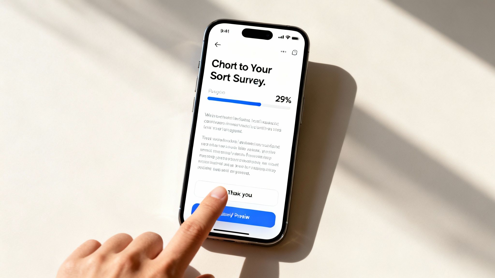 A customer happily filling out a survey on a tablet in a bright, modern hotel lobby.