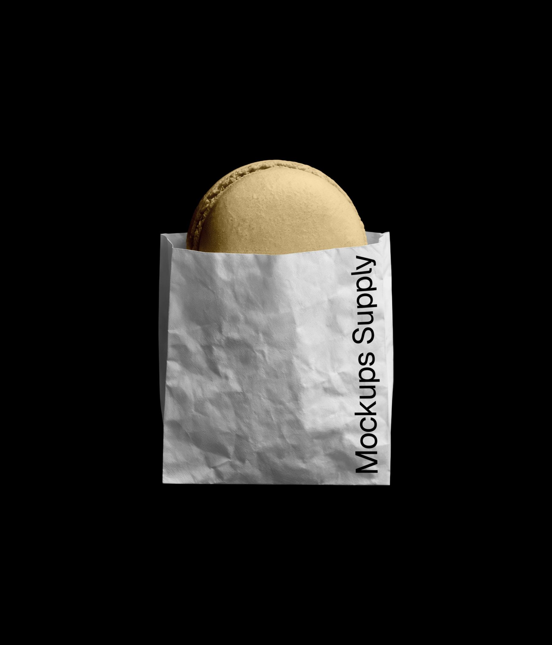 French macaron in paper bag mockup for Photoshop with editable dessert packaging design