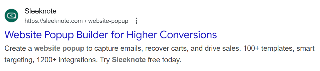 Sleeknote search result for a website popup builder.