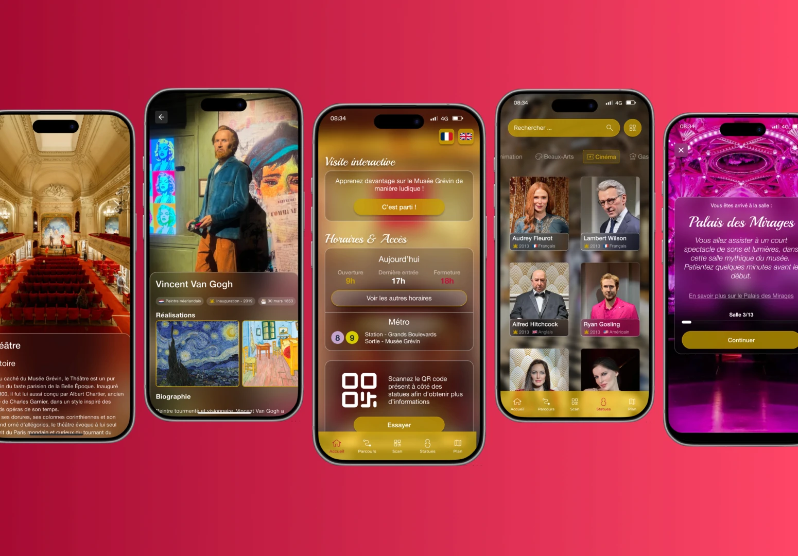 Maquette de l'application mobile officielle du Musée Grévin à Paris, développée par La Belle App