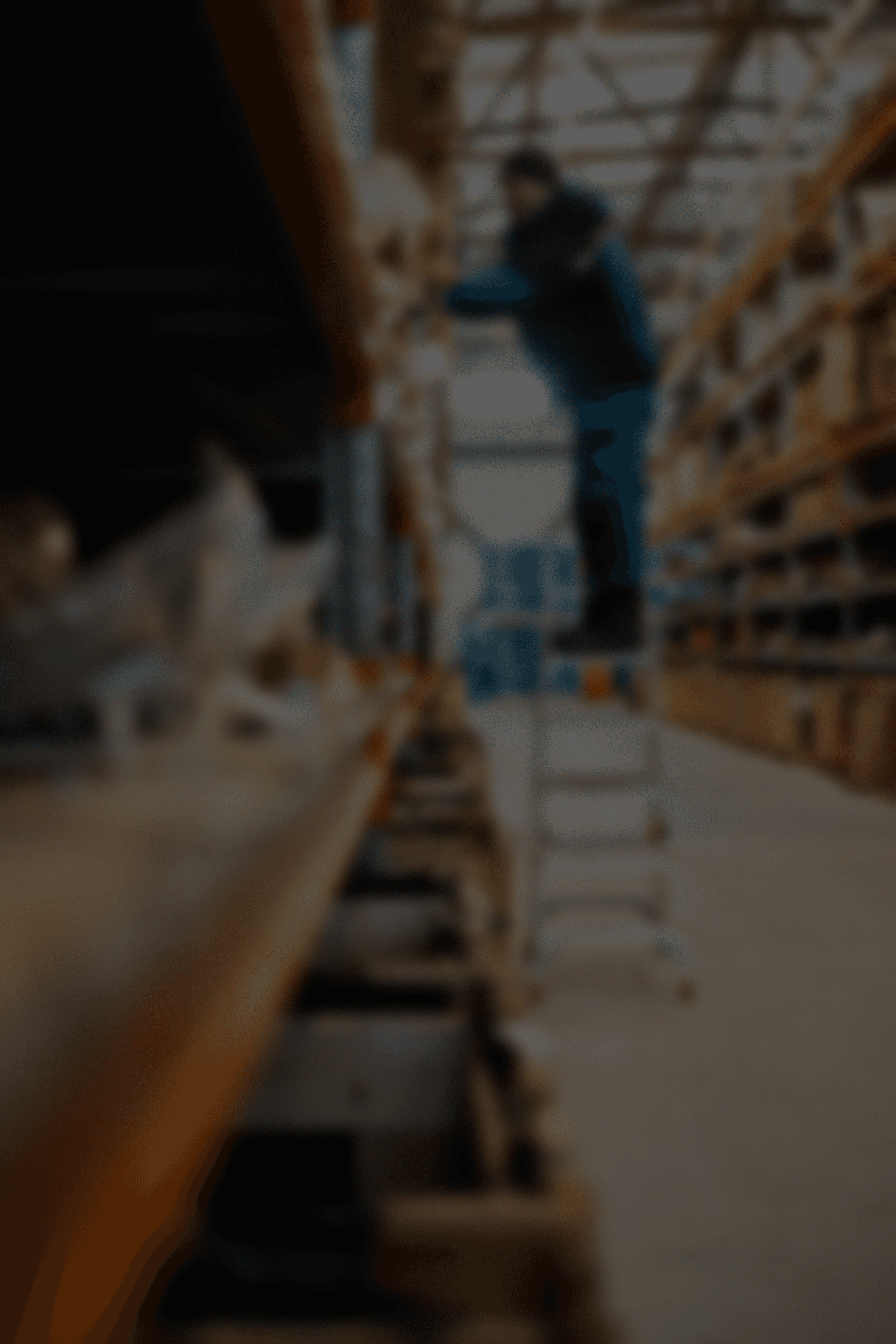 A man standing on a ladder in a warehouse