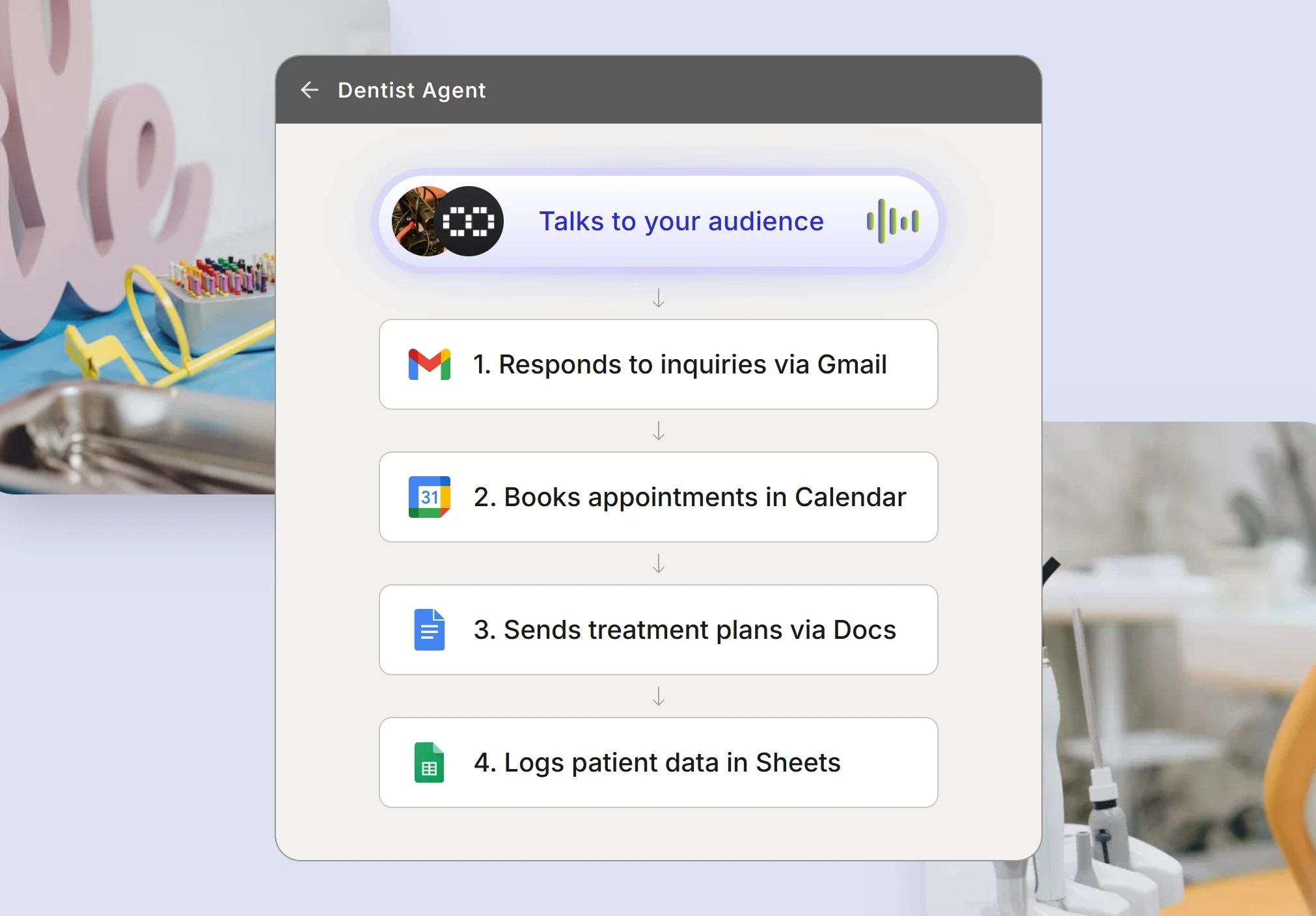 Dentist workflow showing AI agent booking appointments and sending treatment plans