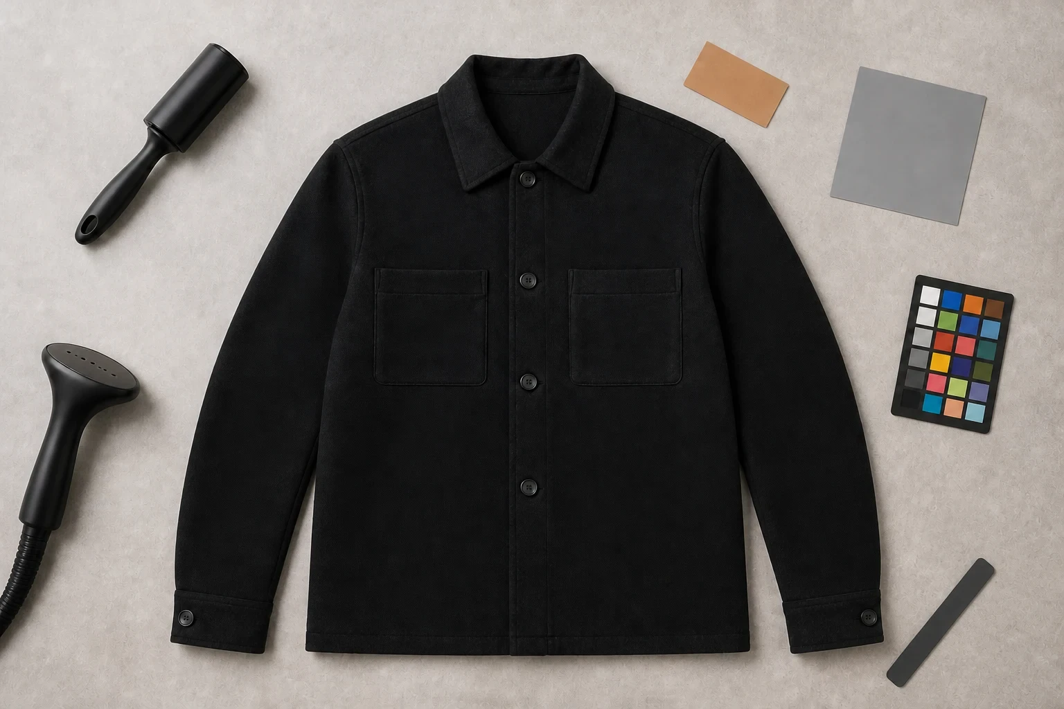Charcoal chore jacket beside a lint roller, steamer, neutral card, and color target on a prep table