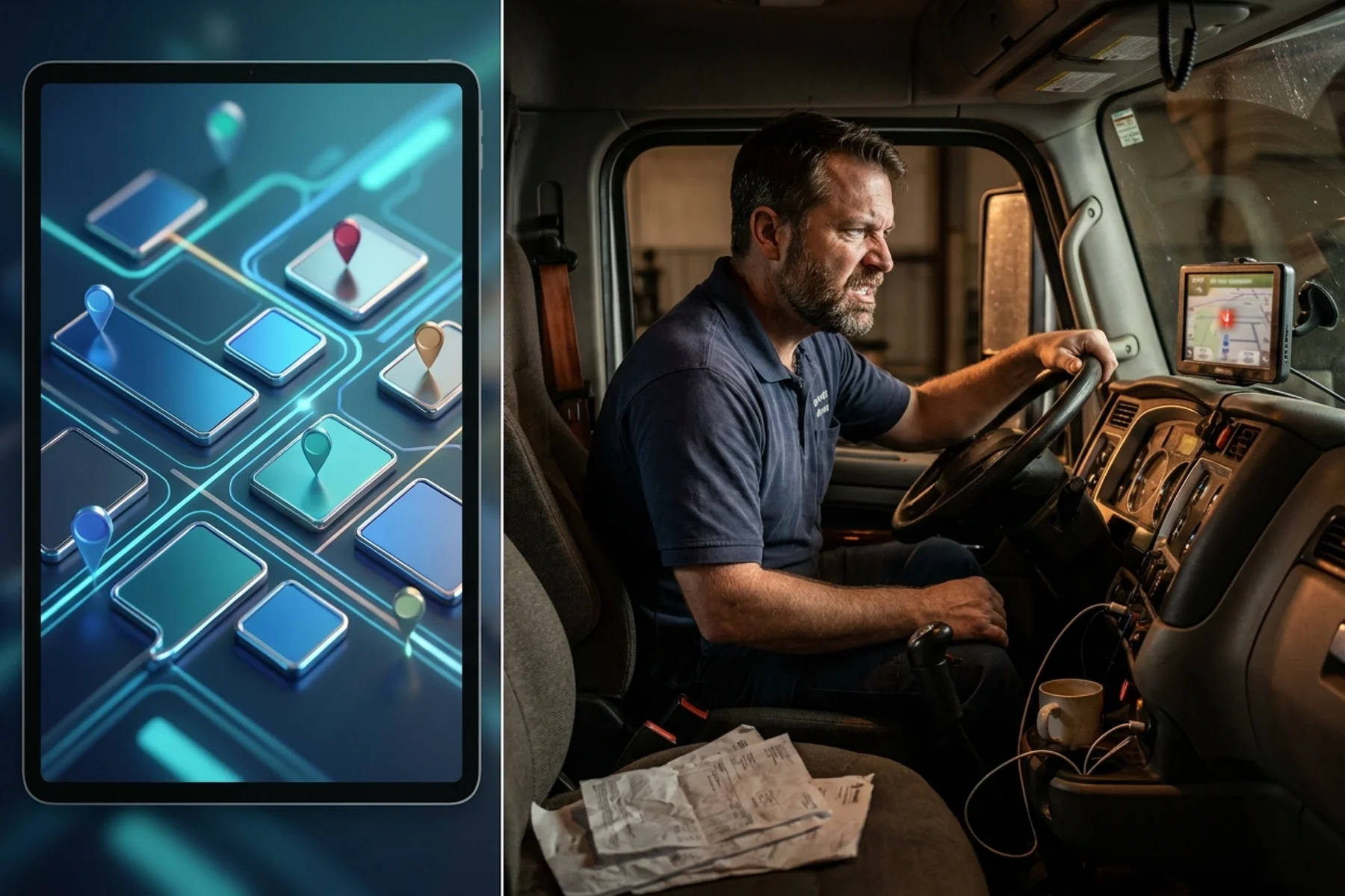 Dispatch scheduling problems: Clean software dashboard glowing blue on left contrasts with frustrated technician staring at wrong GPS address in truck cab on right, illustrating the gap between perfect data entry and chaotic field reality