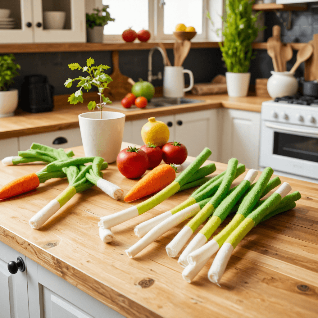 product photography of felt scallions