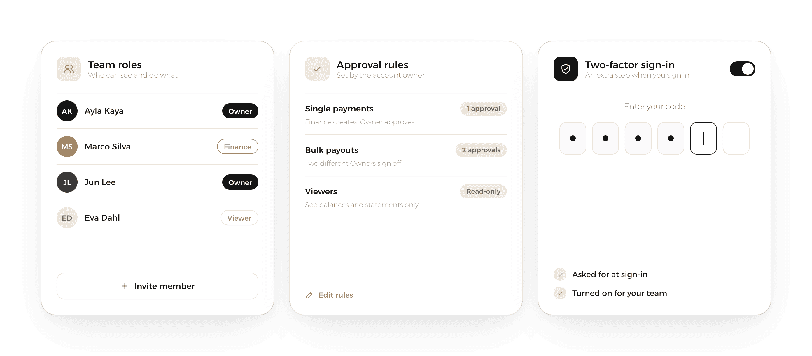 Team roles, approval rules and two-factor sign-in settings