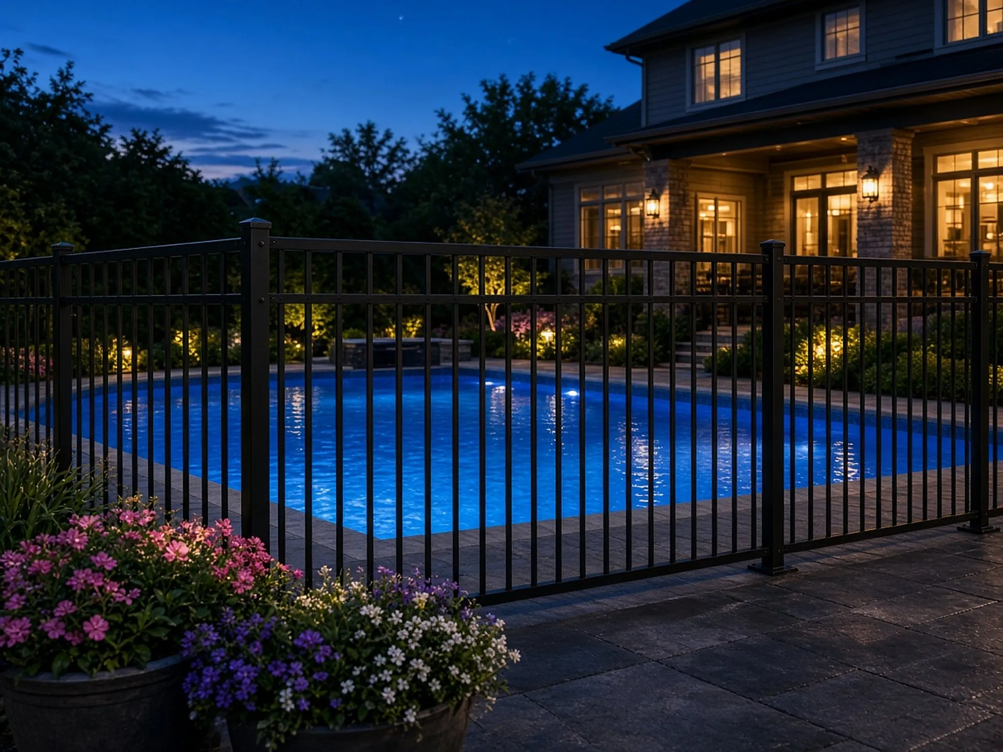 Black aluminum pool fence around a backyard pool at golden hour