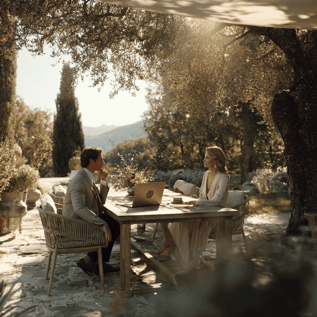 Cinematic, hyper-realistic image of a high-end business consultant meeting a potential client outdoors in a tranquil garden or terrace setting. The coach leans in with calm authority, mid-gesture, communicating warmth and confidence. The client sits across, deep in thought, hand to chin, visibly weighing a big decision. Between them, a sleek laptop on a wooden table displays a softly blurred strategic framework. The setting is sun-drenched, with dappled golden light filtering through trees or linen canopy, casting organic shadows. Natural materials: wood table, stone path, woven chairs. Soft wind moves a linen napkin subtly. Background includes elegant landscaping, potted plants, and a distant mountain or ocean view. Emotional contrast: grounded trust vs subtle inner conflict. Photographed with shallow depth of field, premium outdoor lighting, cinematic color grading.